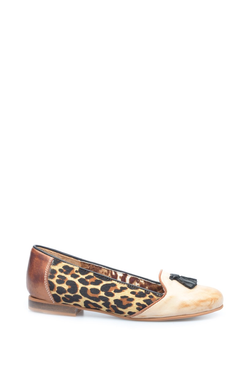 Zapato Balerina de Cuero Combinado Terracota Leopardo