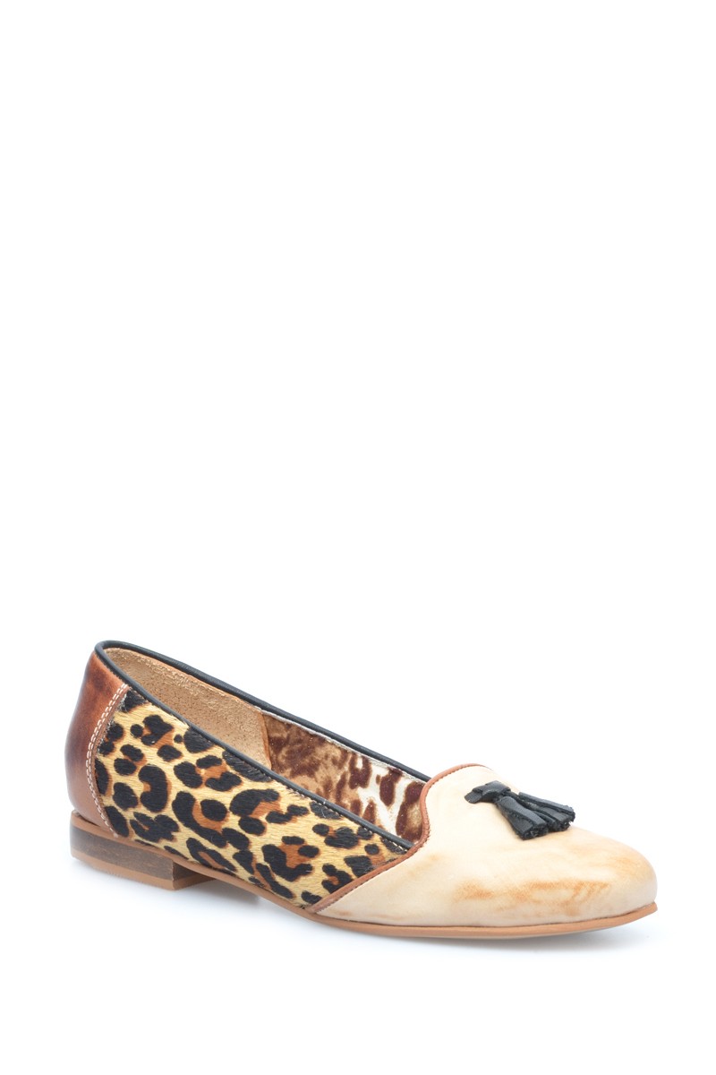 Zapato Balerina de Cuero Combinado Terracota Leopardo