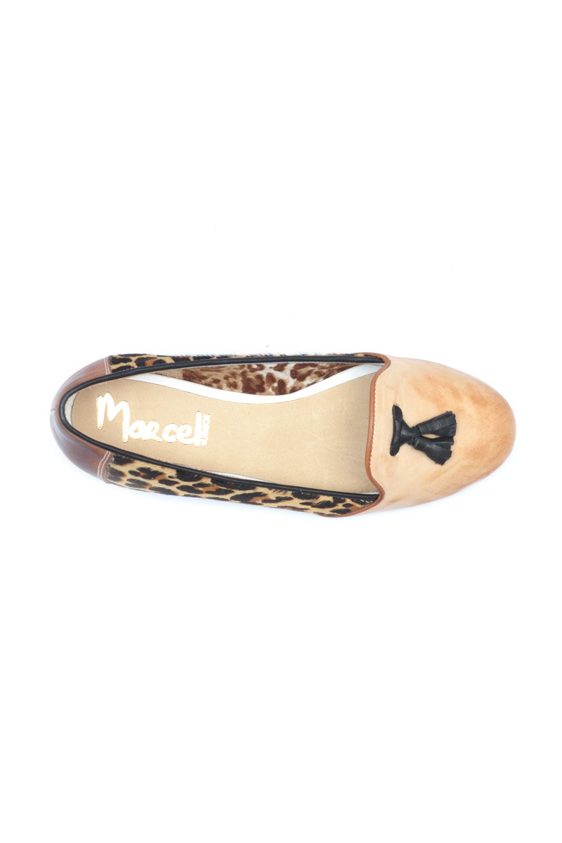Zapato Balerina de Cuero Combinado Terracota Leopardo