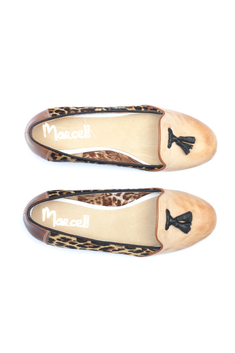 Zapato Balerina de Cuero Combinado Terracota Leopardo
