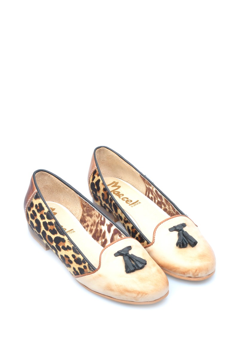 Zapato Balerina de Cuero Combinado Terracota Leopardo