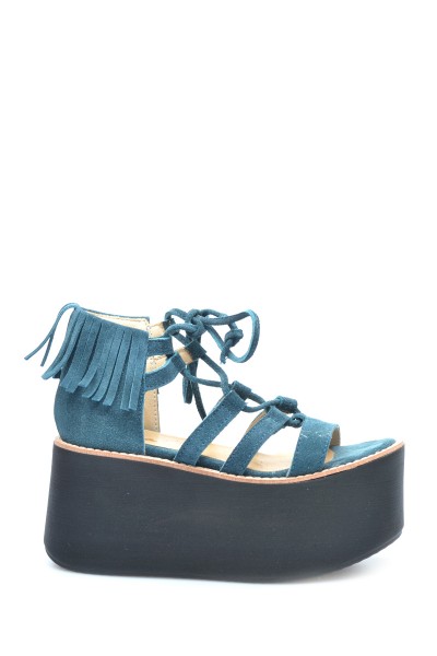 Sandalia Plataforma Cuero Gamuza Flecos Azul