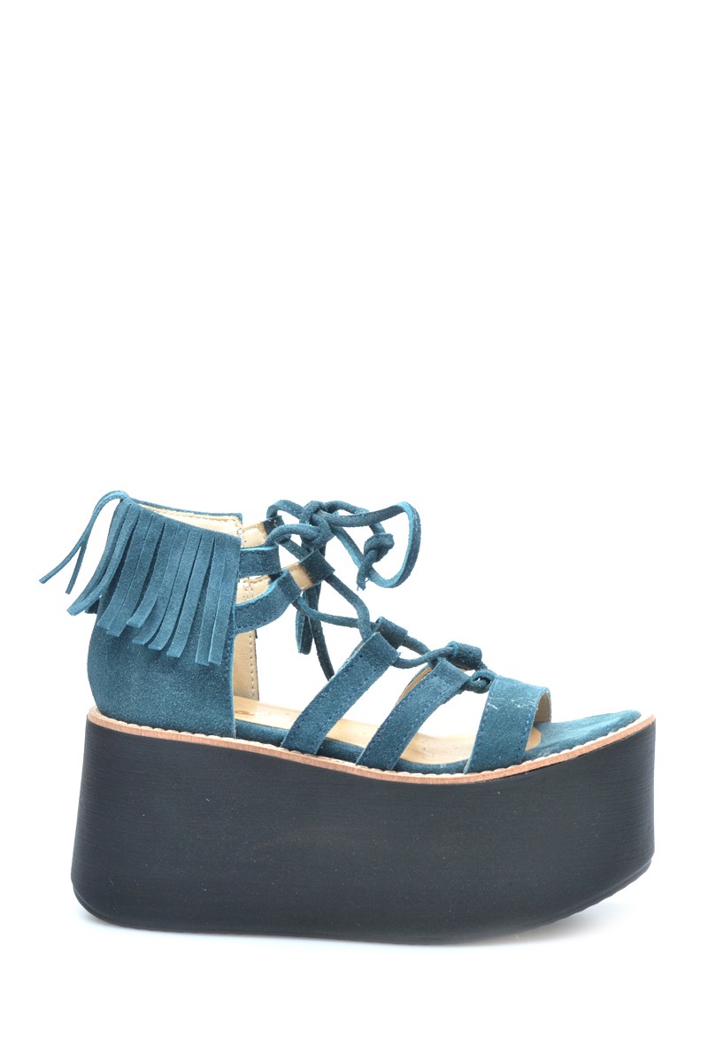 Sandalia Plataforma Cuero Gamuza Flecos Azul