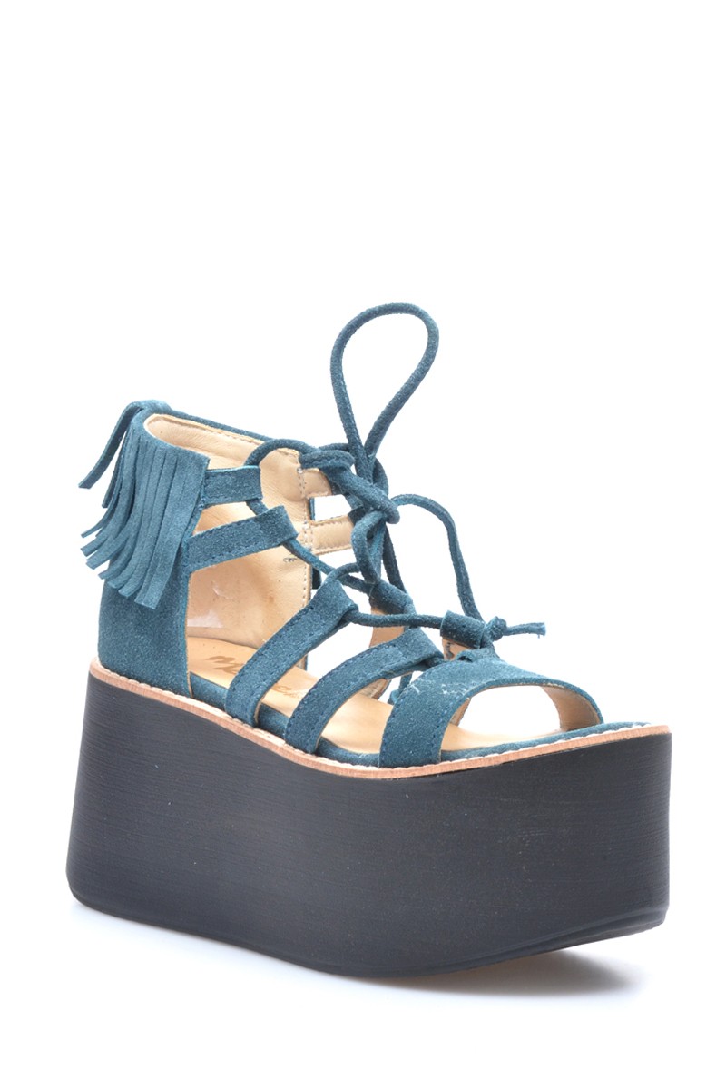 Sandalia Plataforma Cuero Gamuza Flecos Azul
