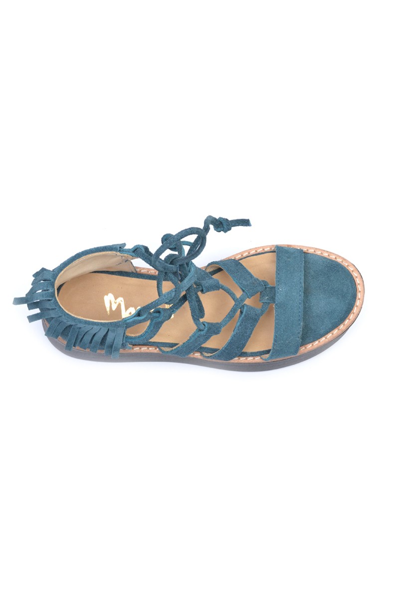 Sandalia Plataforma Cuero Gamuza Flecos Azul