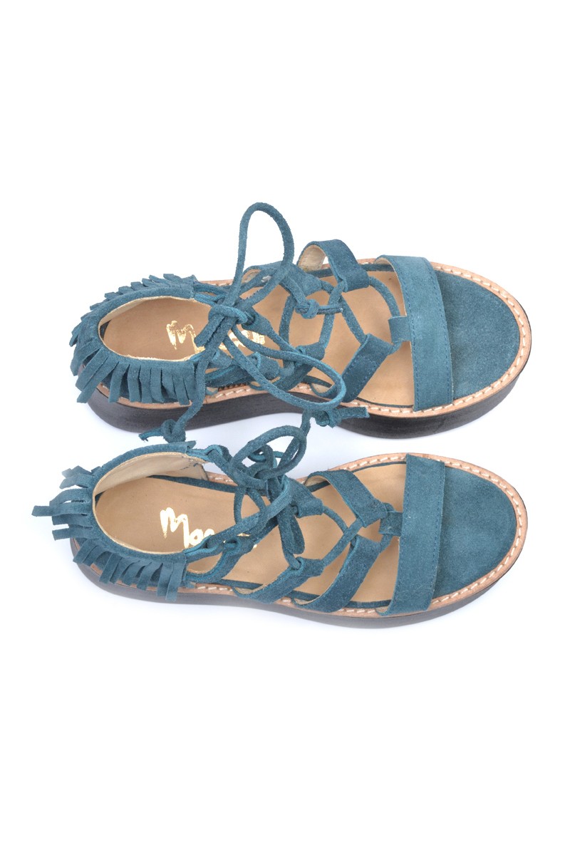 Sandalia Plataforma Cuero Gamuza Flecos Azul