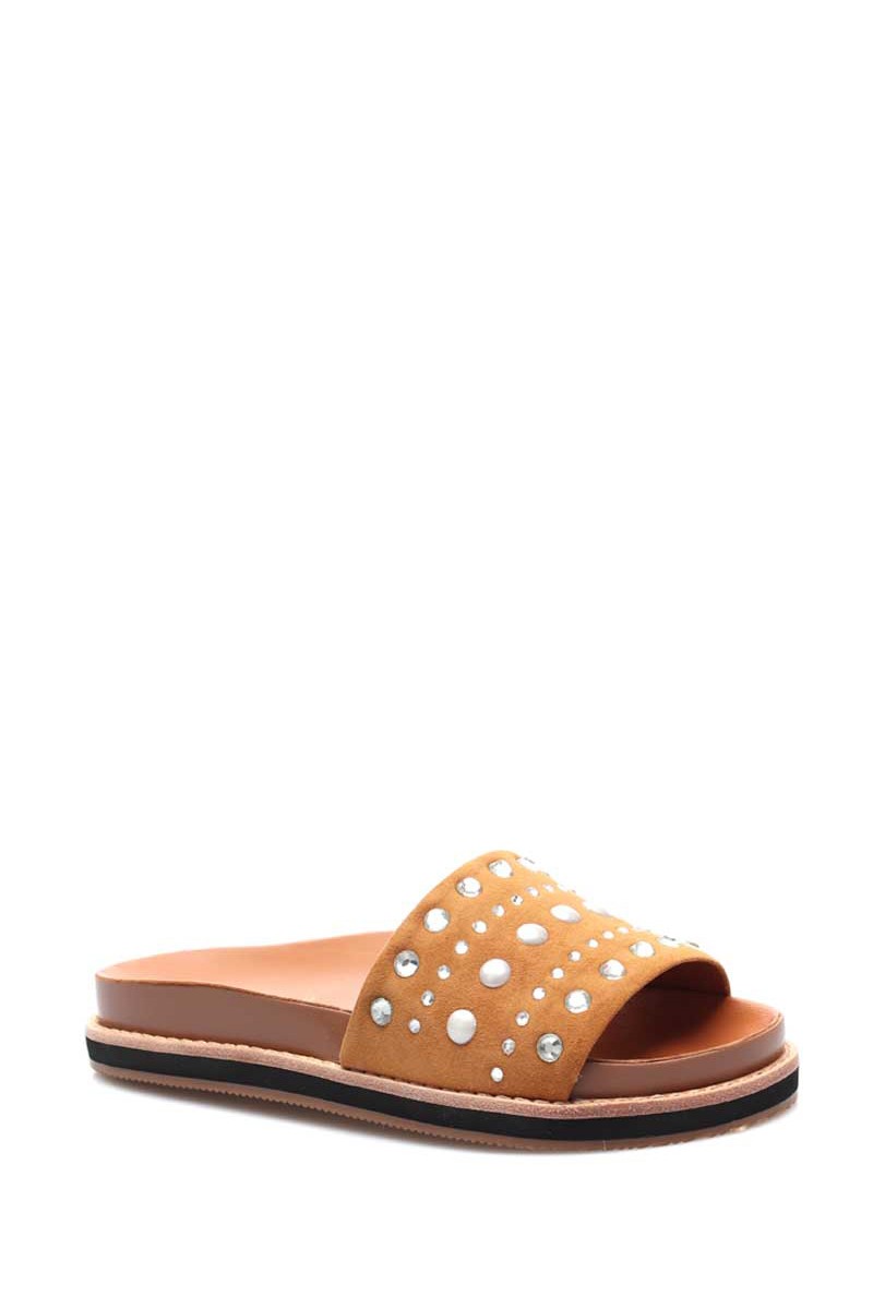 Sandalia Baja con Perlas Cuero Gamuza Camel Gamuza