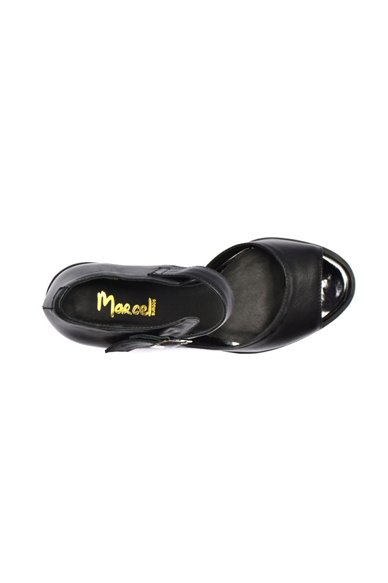 Sandalia Taco Medio Con pulsera Cuero Negro