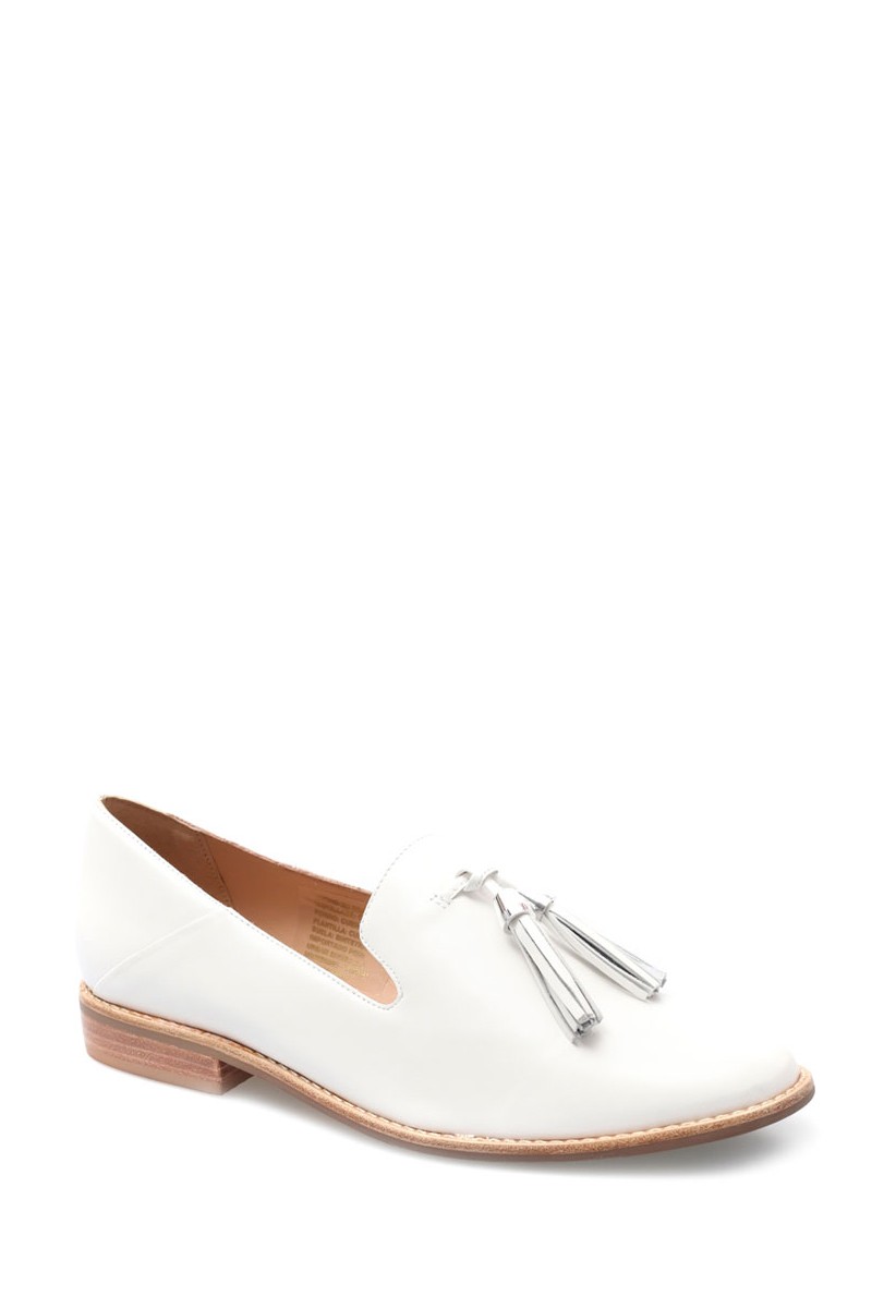 Zapato Balerina Con Fleco Cuero Blanco