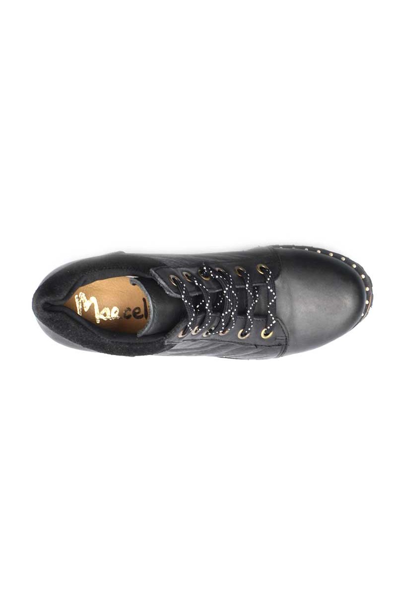 Bota Borcego Taco Medio Acordonado Cuero Negro