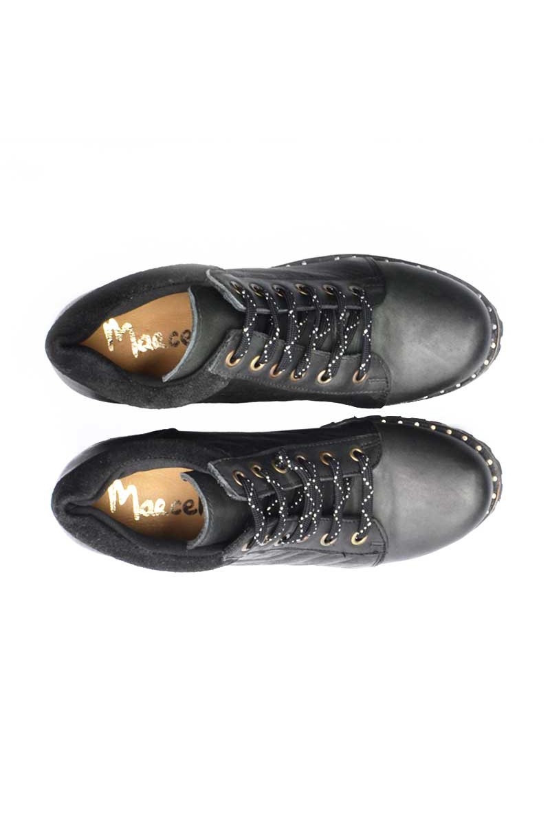 Bota Borcego Taco Medio Acordonado Cuero Negro