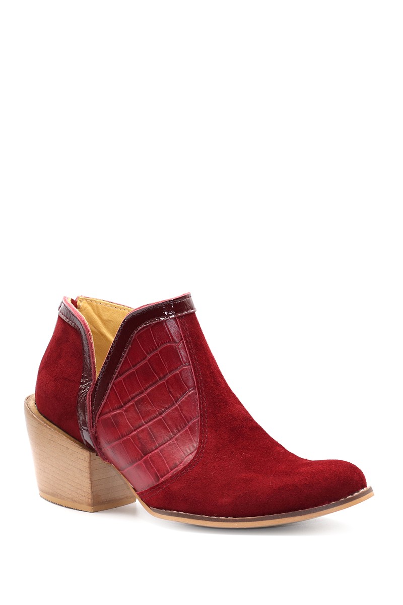 Bota Cuero Combinado Taco Madera Bordo