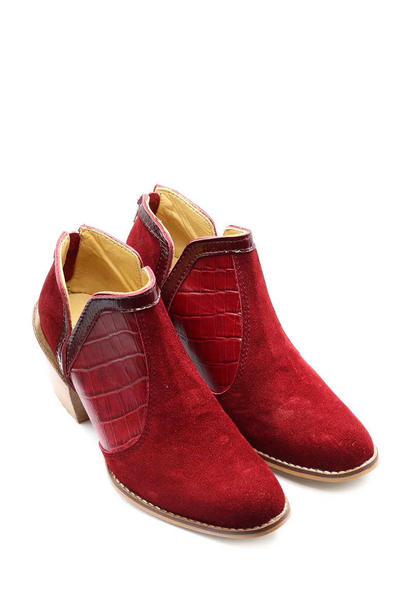 Bota Cuero Combinado Taco Madera Bordo