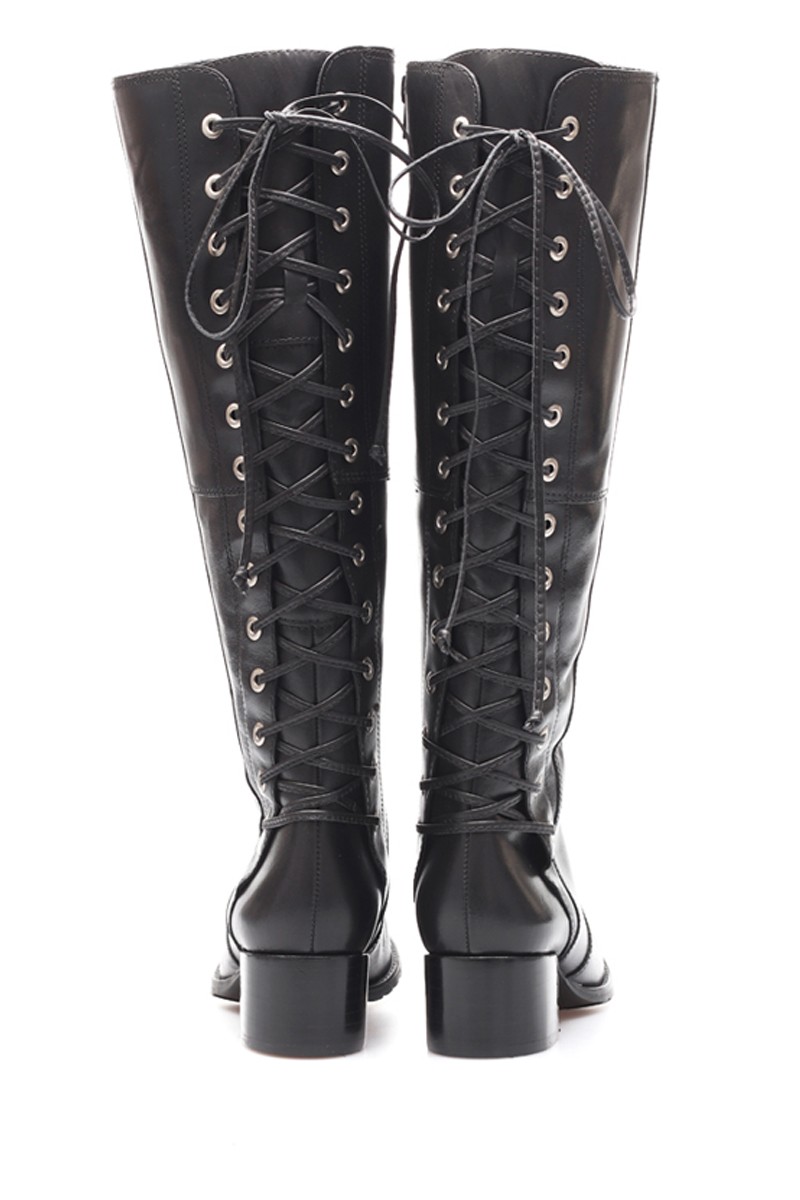 Bota Bucanera Acordonada Cuero Negro