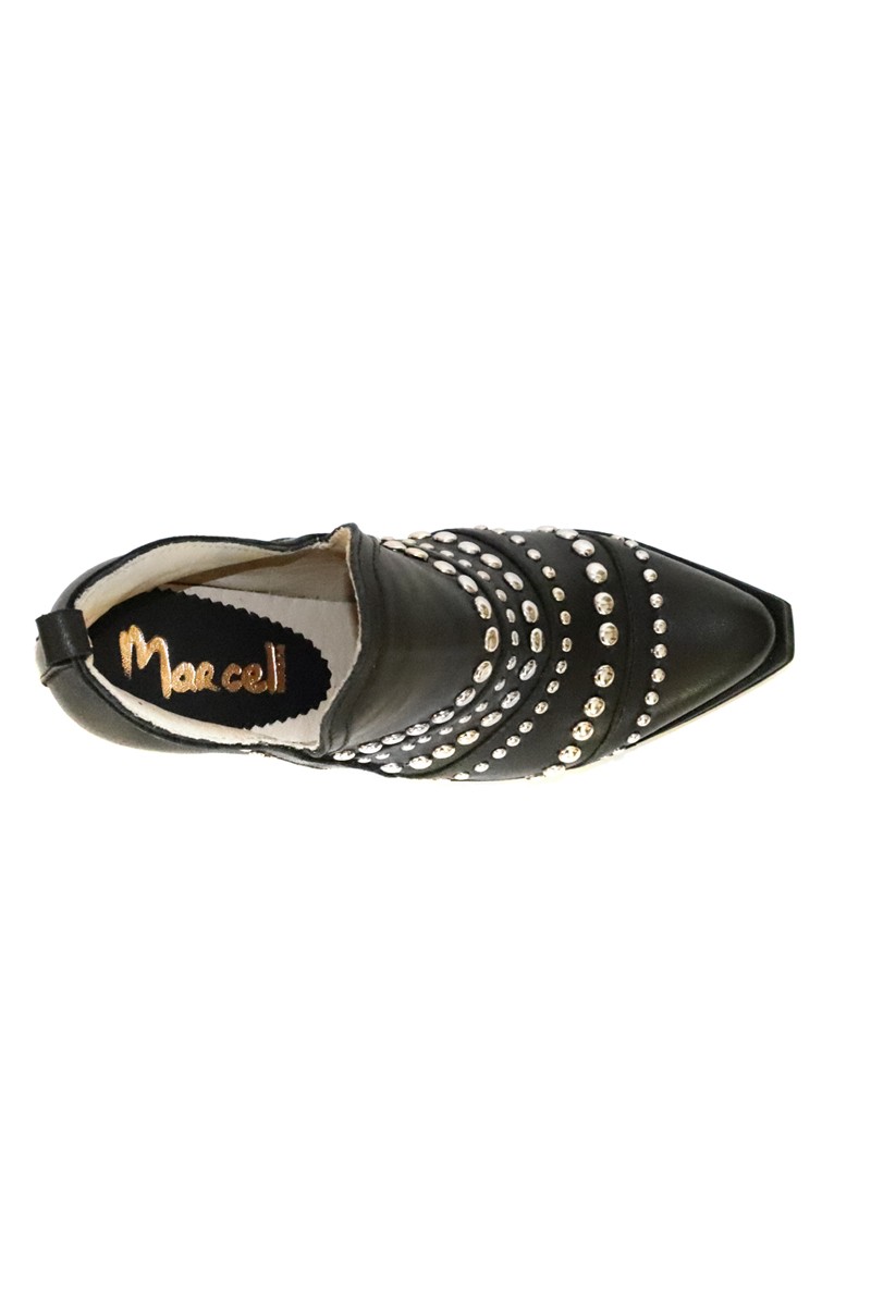 Bota Botin de cuero con tachas y taco alto Negro