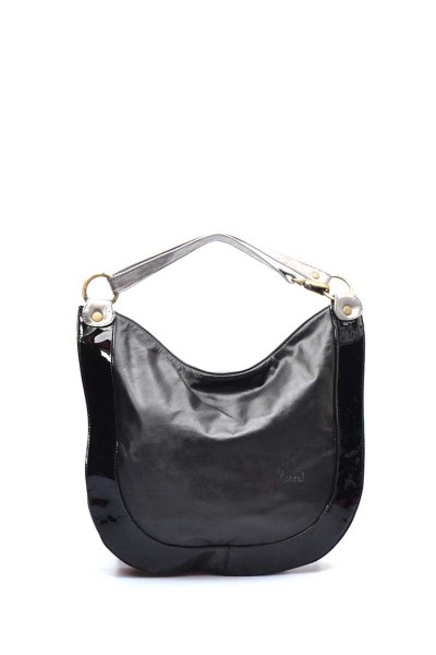Cartera Bolso Tote Cuero Combinado Charol Negro Charol Peltre