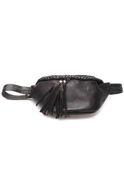 Riñonera Con Fleco Cuero Negro