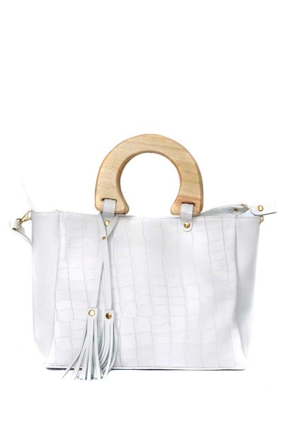 Cartera Bolso Atelier Mango Madera Cuero Croco Blanco