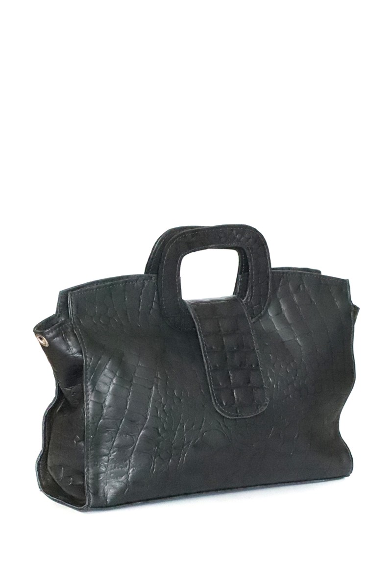 Cartera Bolso Cuero Croco Asa Cuadrada NEGRO